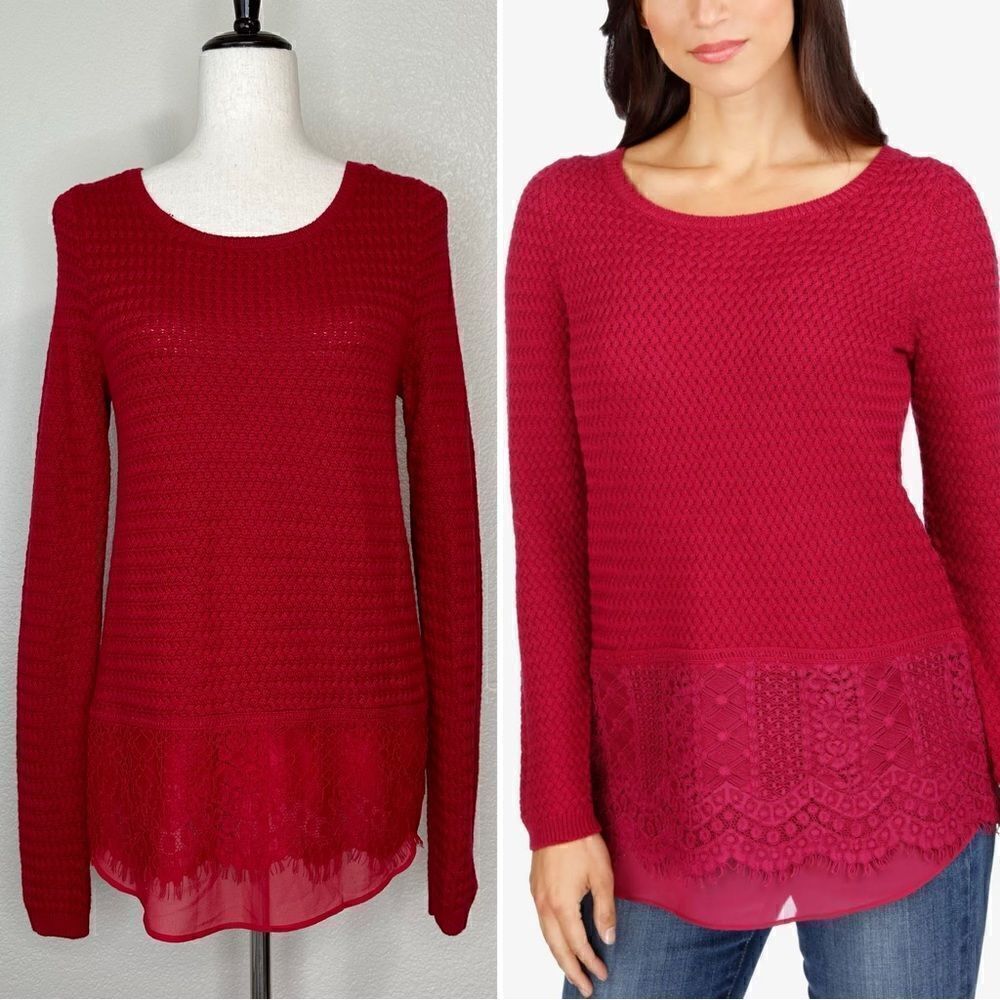Lucky Brand Red Lace Trim Knit Sweater, Sz Medium